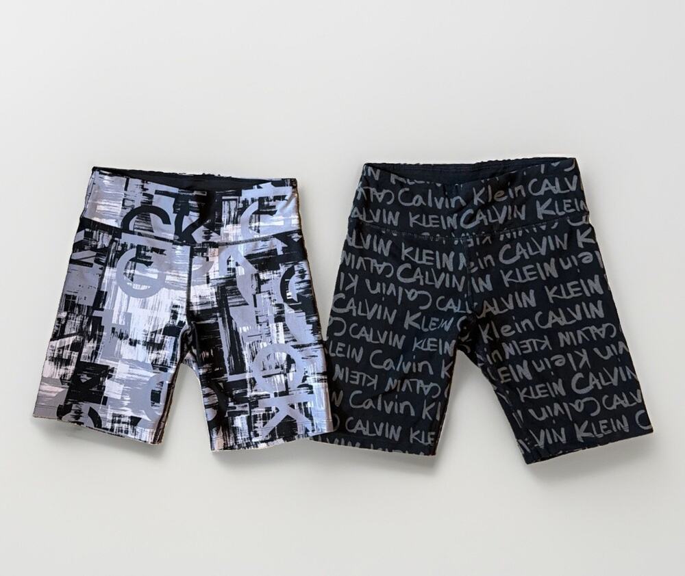 2 Calvin Klein Performance Sz M Biker Shorts Logo Graphic High Rise Athleisure